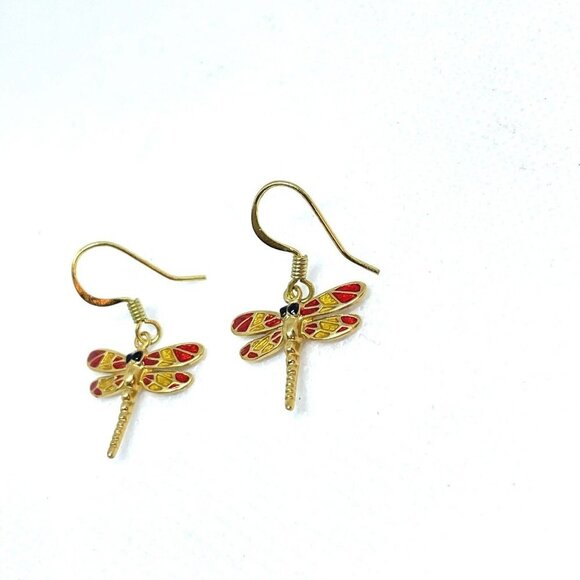 Multicolor Enamel Dragonfly Dangle Drop Earrings Hook Closure Gold Tone - Picture 2 of 4